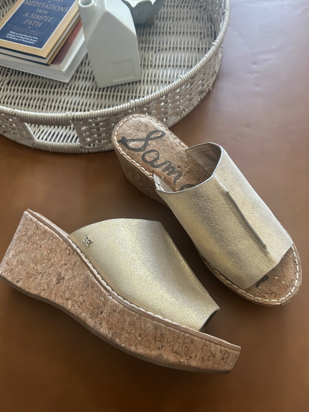Sam Edelman Gold Metallic Ranger Cork Wedge Slides Sz 9